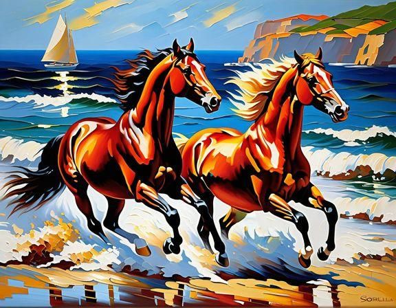 Mediterranean Seashore Oil Painting with Impasto Brushstroke...