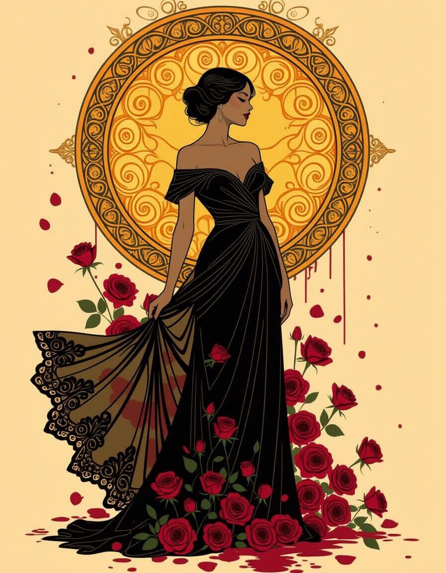 Elegant Silhouette in Gown with Roses, Art Nouveau Style