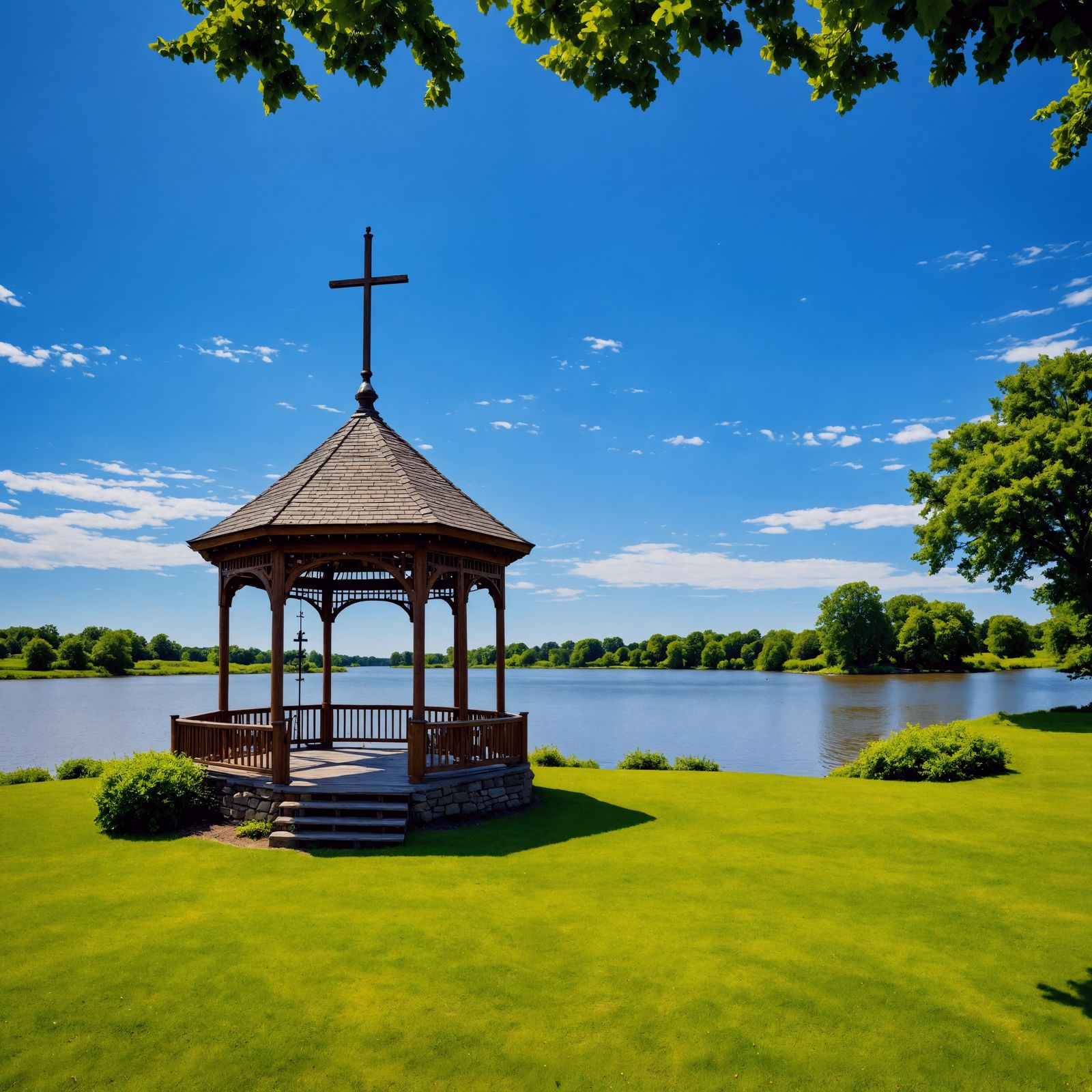Gazebo with Cross in Moody River Landscape