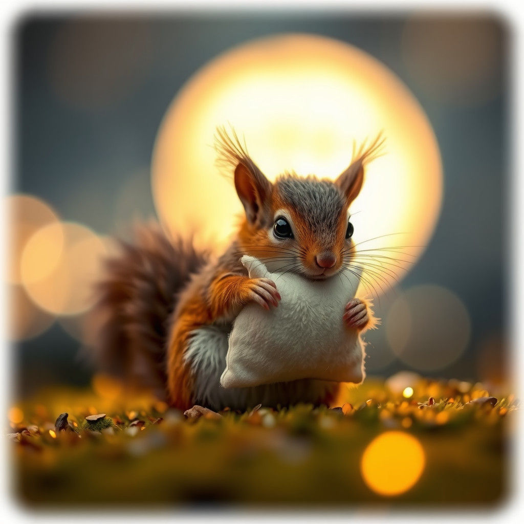 Miniature Squirrel Cradles Pillow in Moonlit Night
