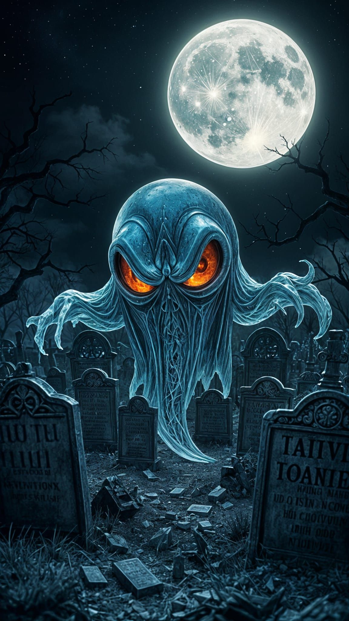 Ethereal Midnight Graveyard Scene in Cyberpunk Style