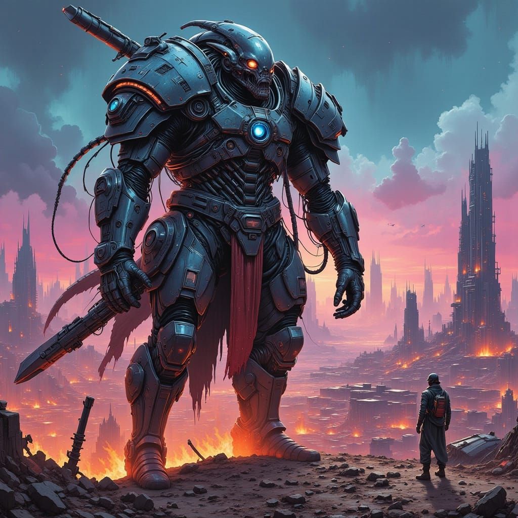 Cyberpunk Warlord in Ruined Cityscape