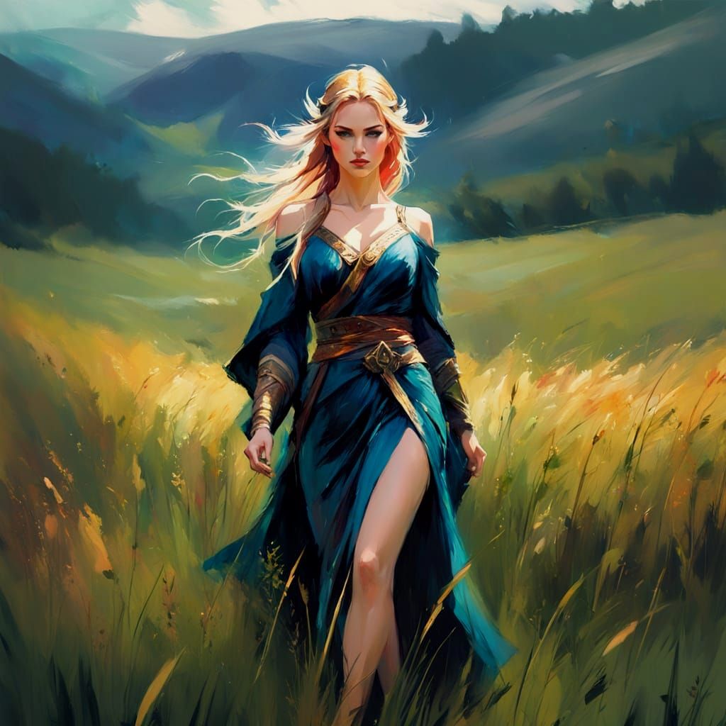 Norse Goddess in Meadow Watercolor Sketch