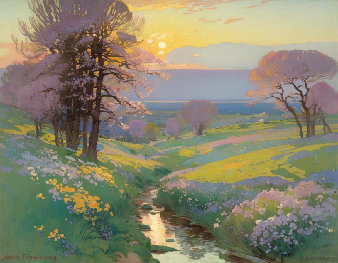 Vibrant Spring Landscape at Golden Hour Morning