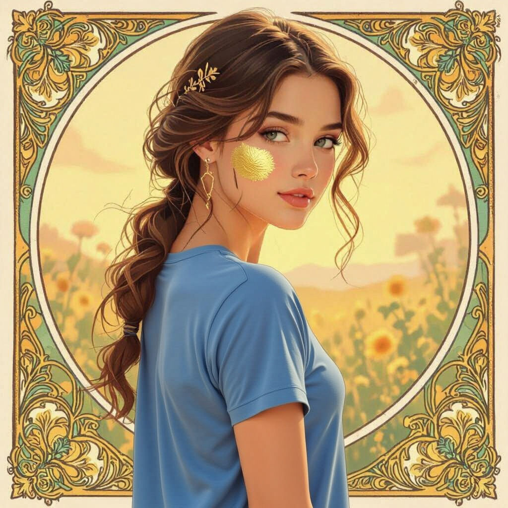 Teen Girl with Gold Marking, in Art Nouveau Style