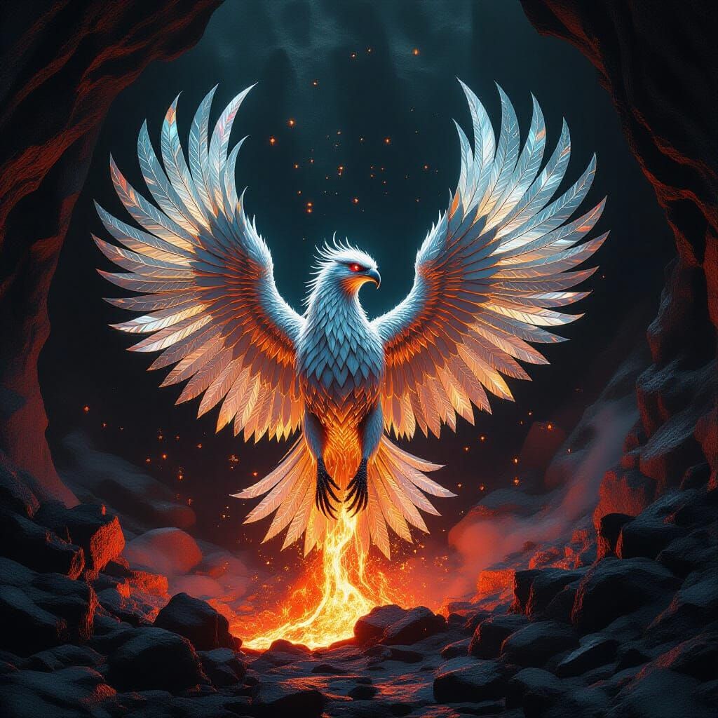Mystical Creature of Molten Rock with Iridescent Feathers
