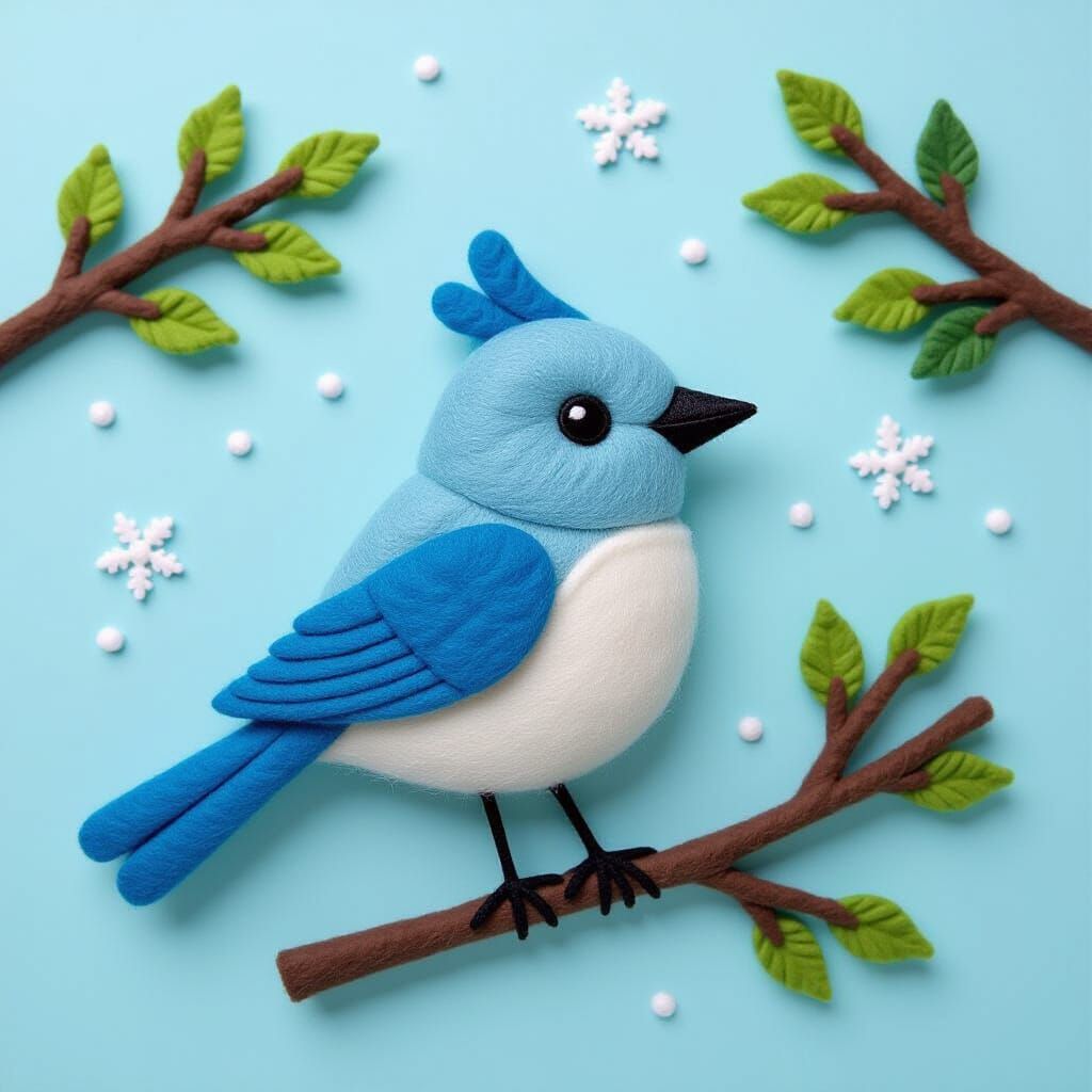 Cute Felted Blue Bird with Layered Felt Design