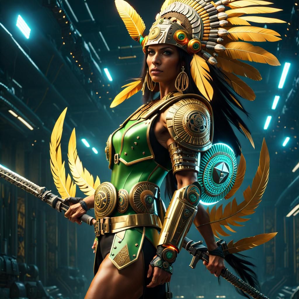 Aztec Battle Sister in Cyberpunk Power Armor