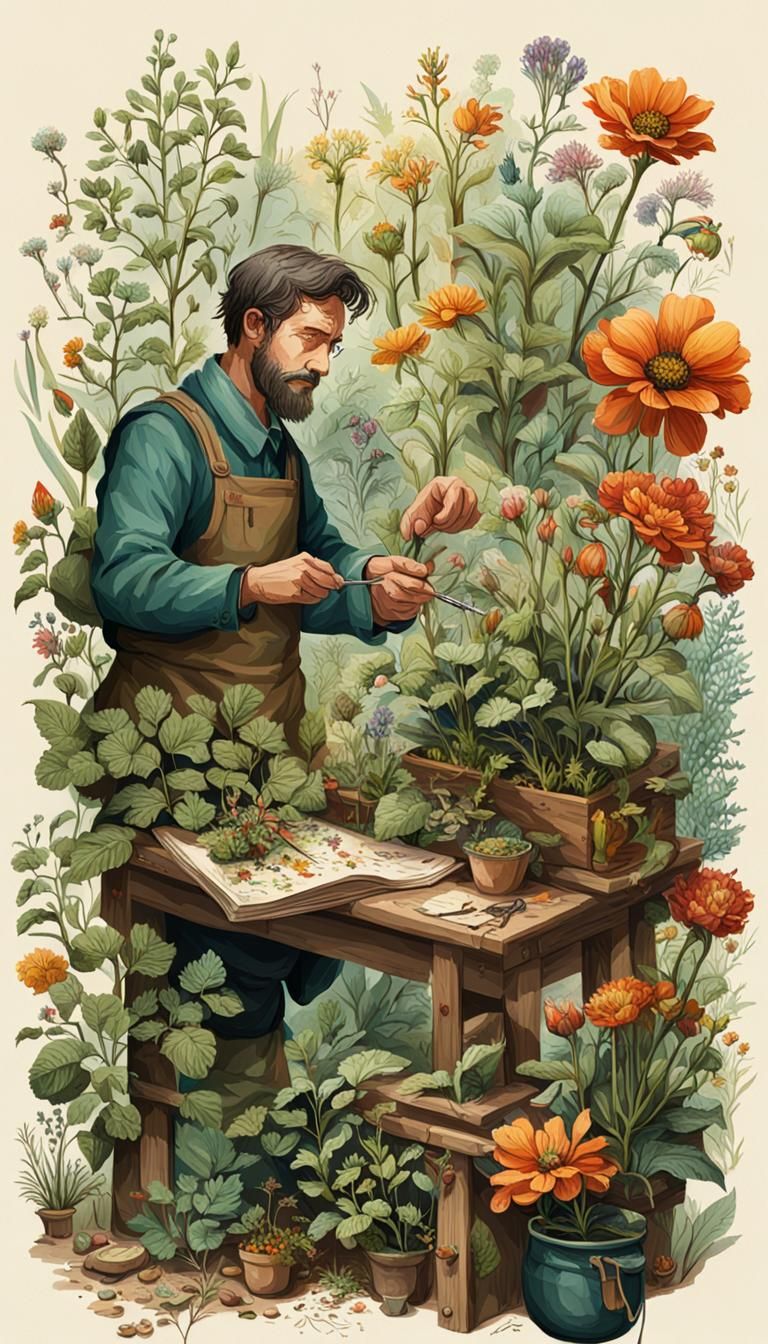 Botanist Creating Herbarium in Colored Ink Style