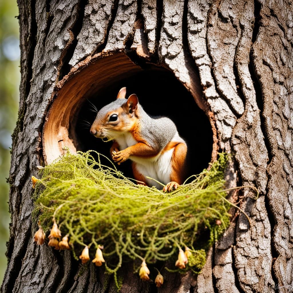 Squirrel Sleeping in Moss-Lined Tree Nest