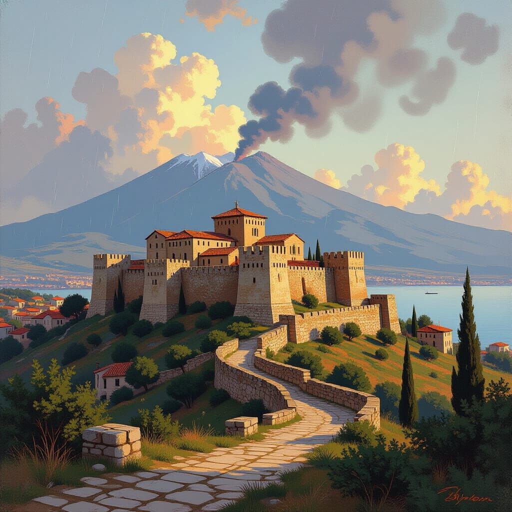 Byzantine Fortress near Siracusa with Smoking Etna