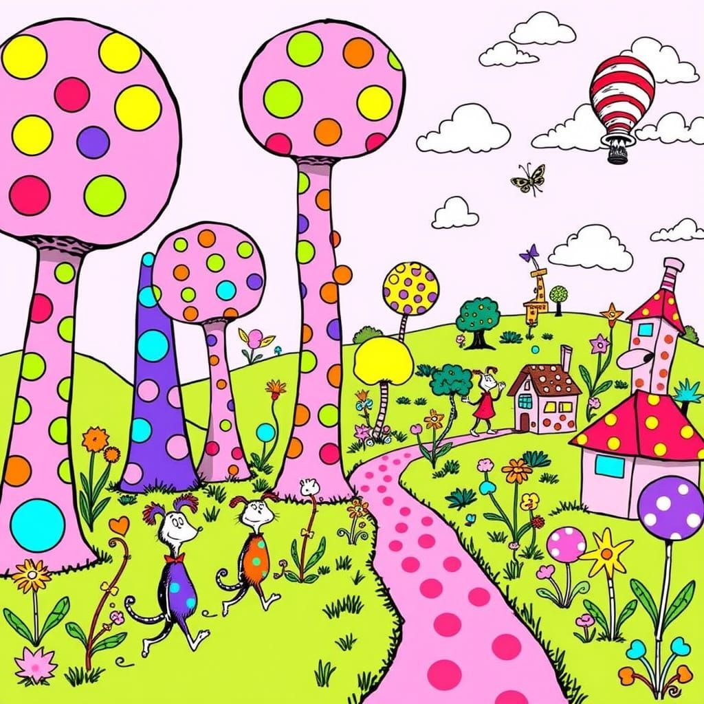 Whimsical Polka Dot Landscape in Dr. Seuss Style