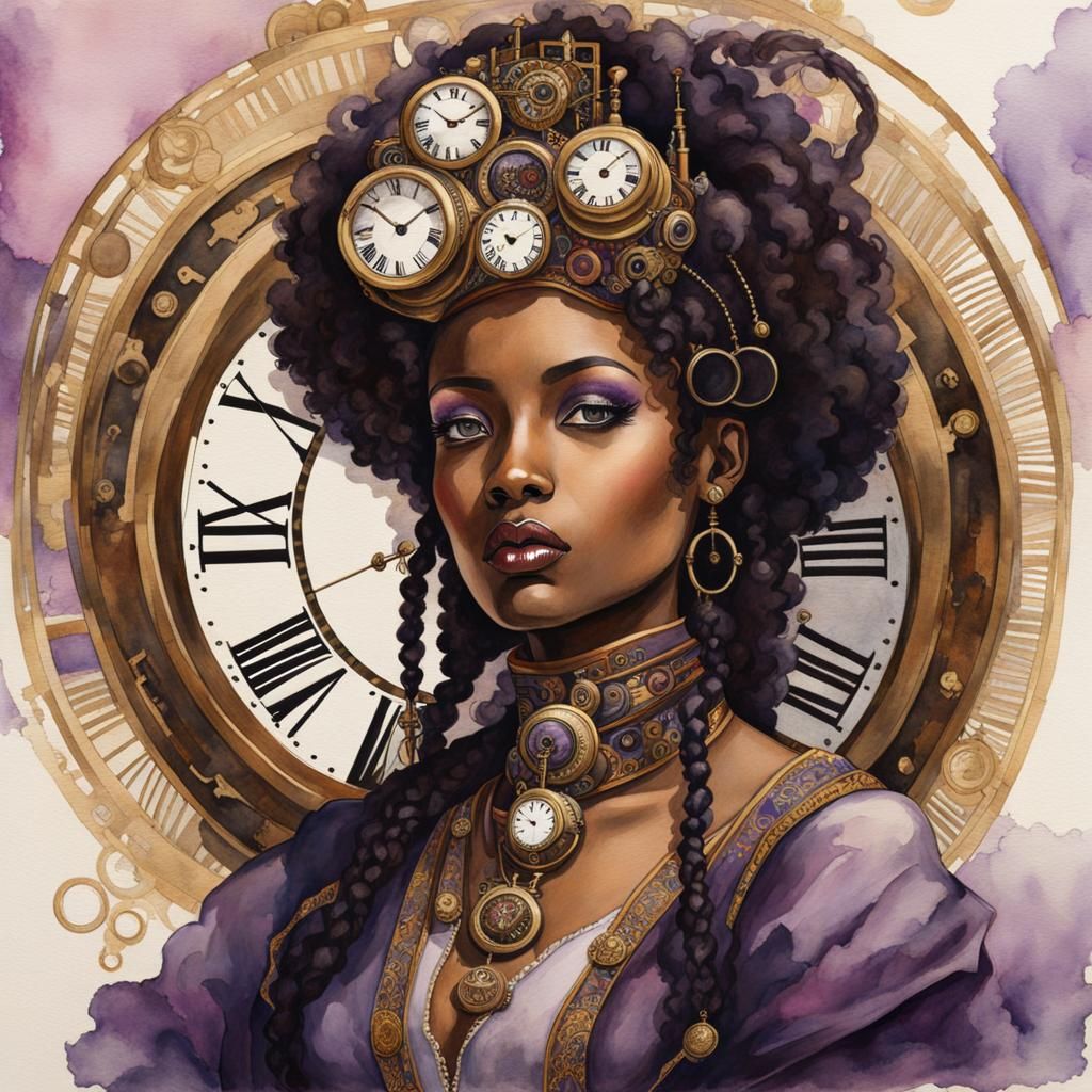 Steampunk Sudanese Woman in Egyptian Watercolor Style