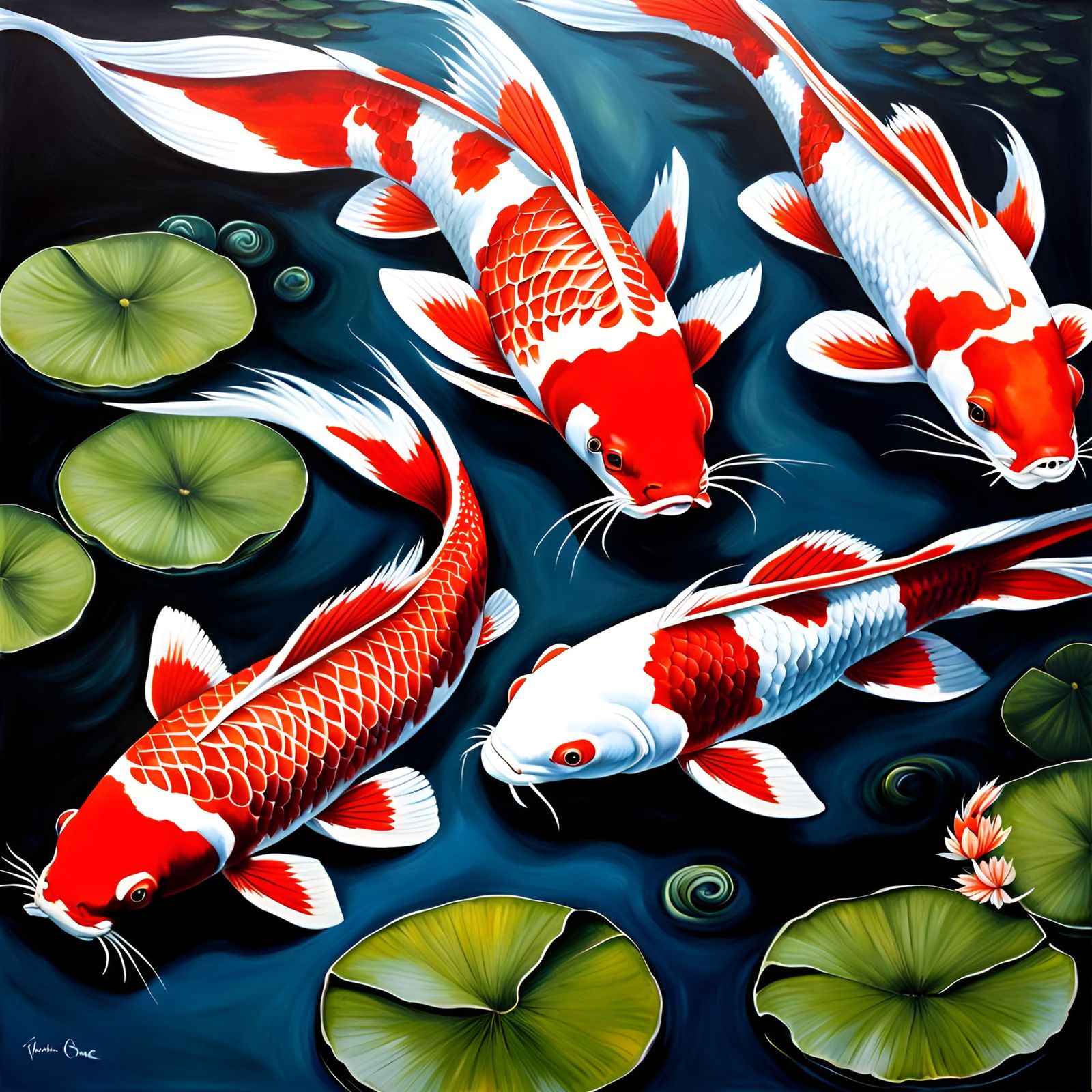 Red and White Koi in Japanese Pond, Oil Painting