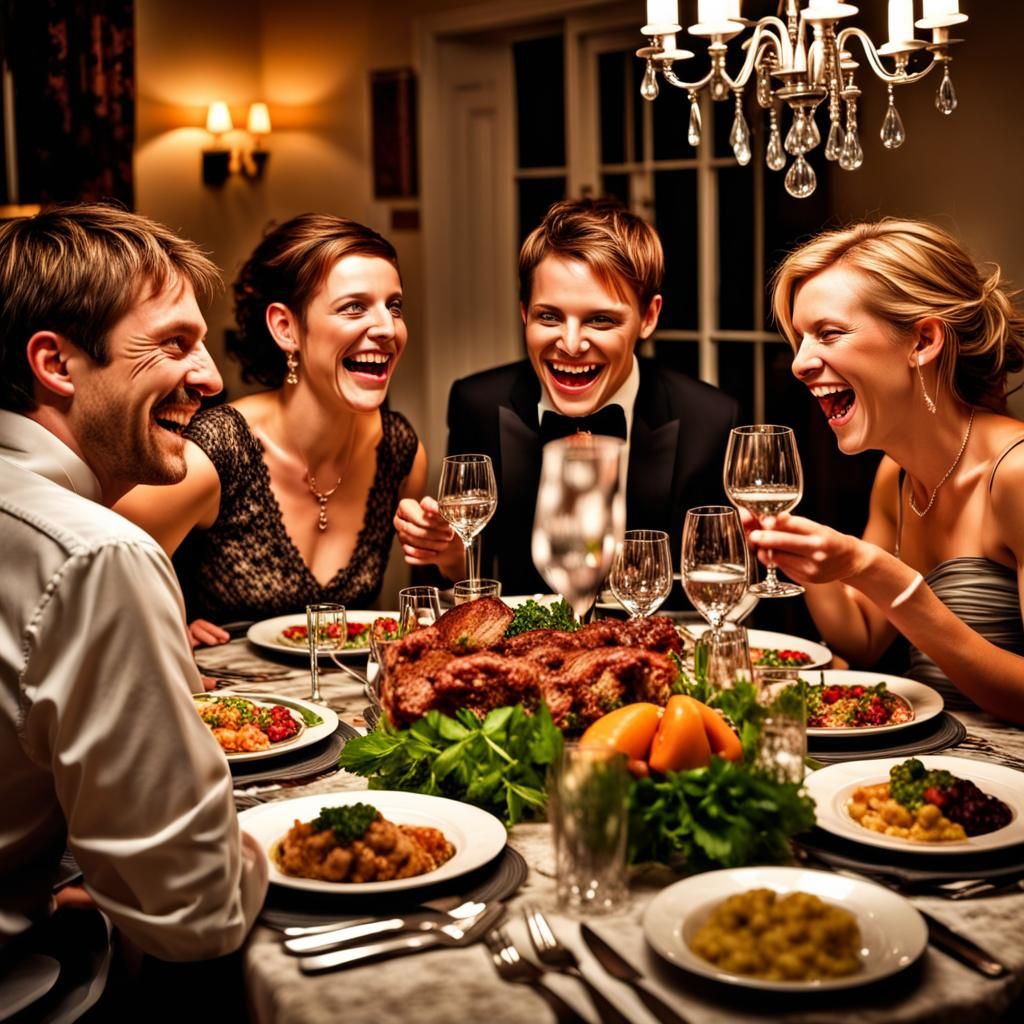 dinner party two happy couples laughing ,intricate details, HDR, beautifully shot, hyperrealistic, sharp focus, 64 megap...