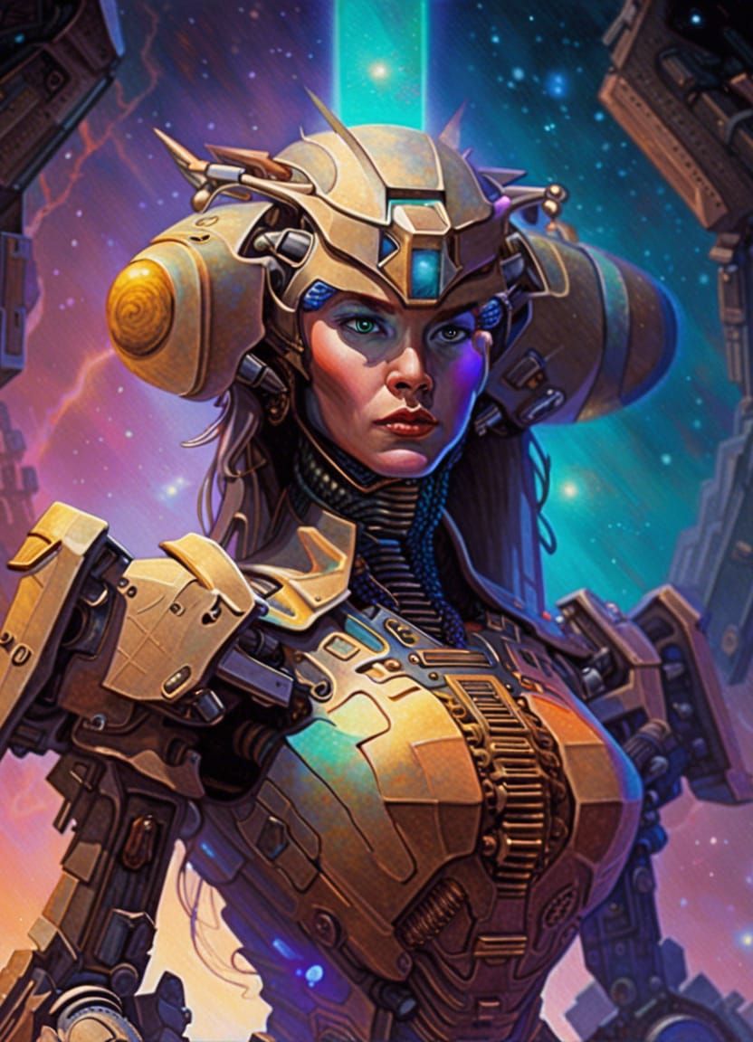 Female Battle Robot Portrait in Galaxy Setting