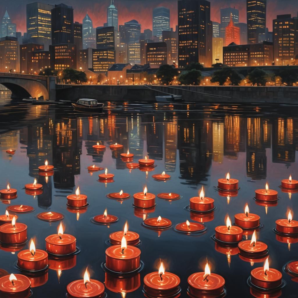 Candlelit River at Night in Hyperrealistic Style