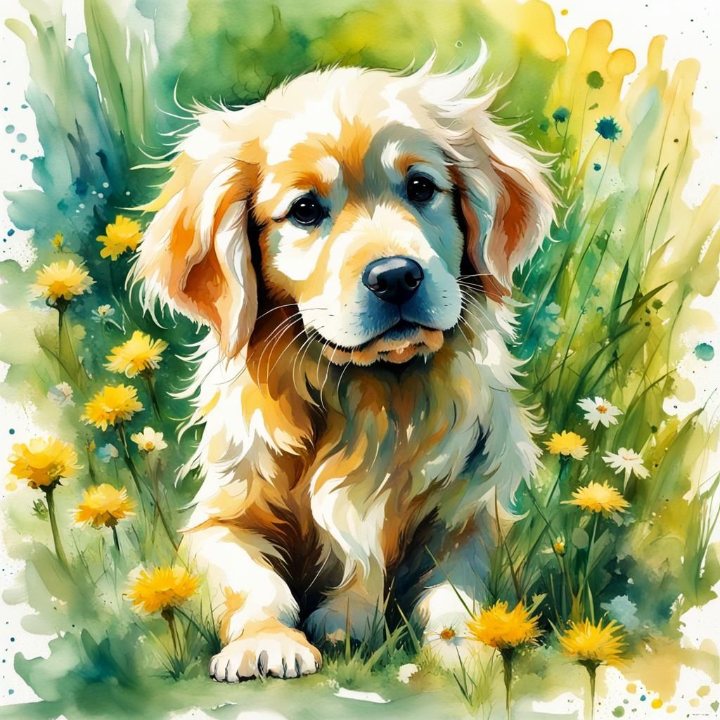 Chibi Golden Retriever in Impressionistic Flower Meadow