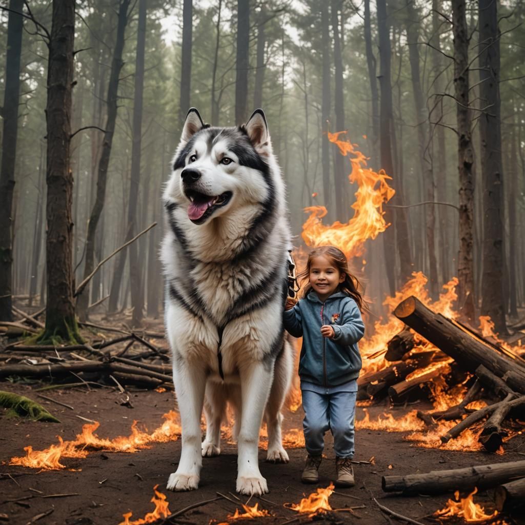 Giant Husky in Ring of Fire With Girl
