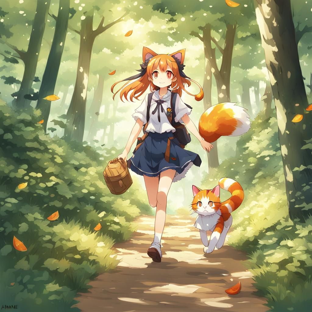 Anime Calico Cat Girl in Summer Forest