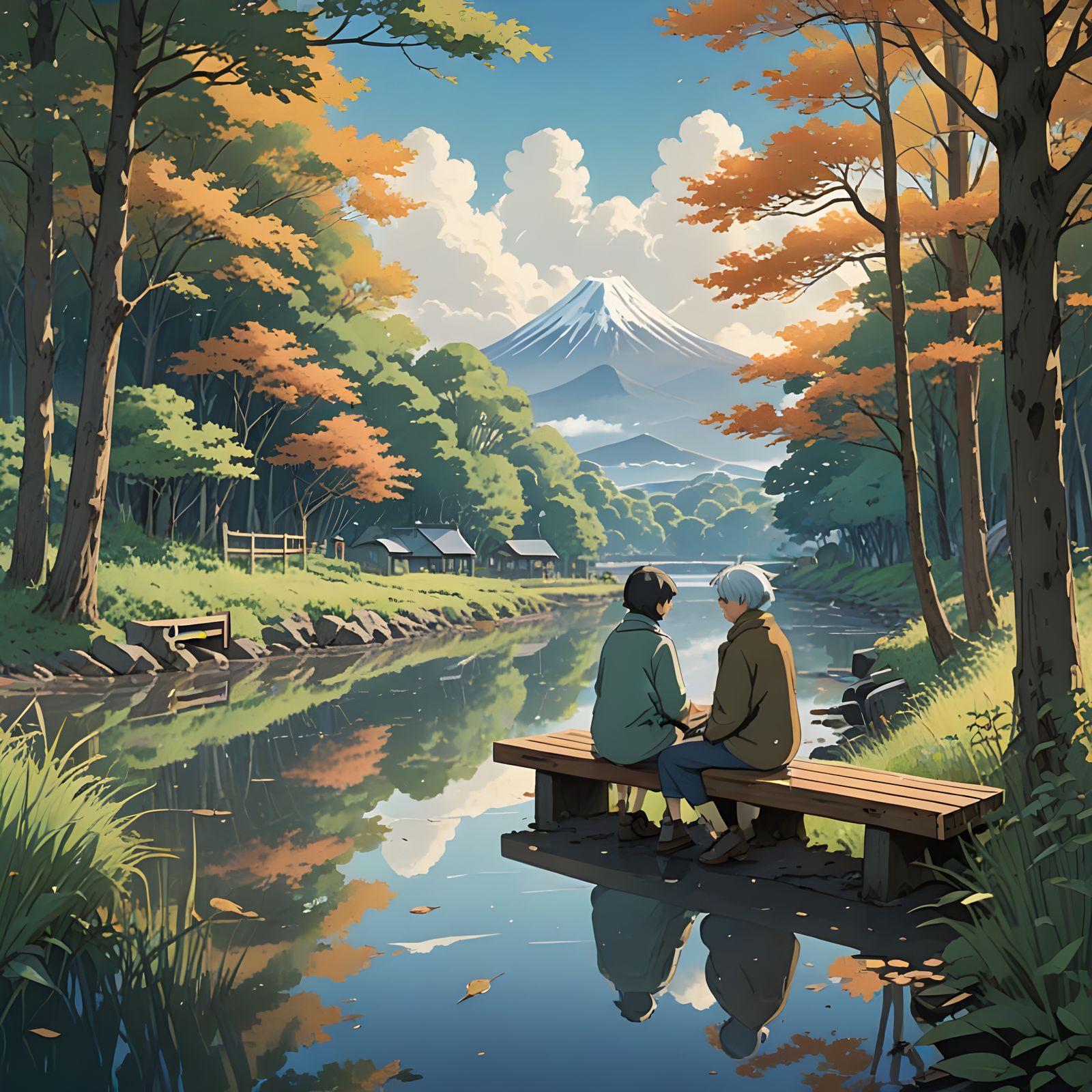 Autumn Idyll: Elderly Couple's Serene Riverbank Moment