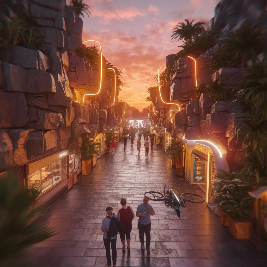 Cyberpunk City Street with Neon Lights at Sunset