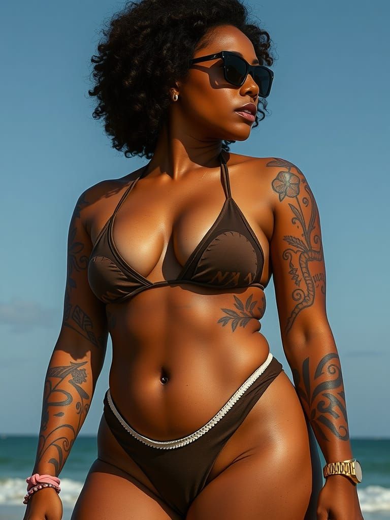 Woman on Sun-Kissed Beach in Vibrant Portrait Style