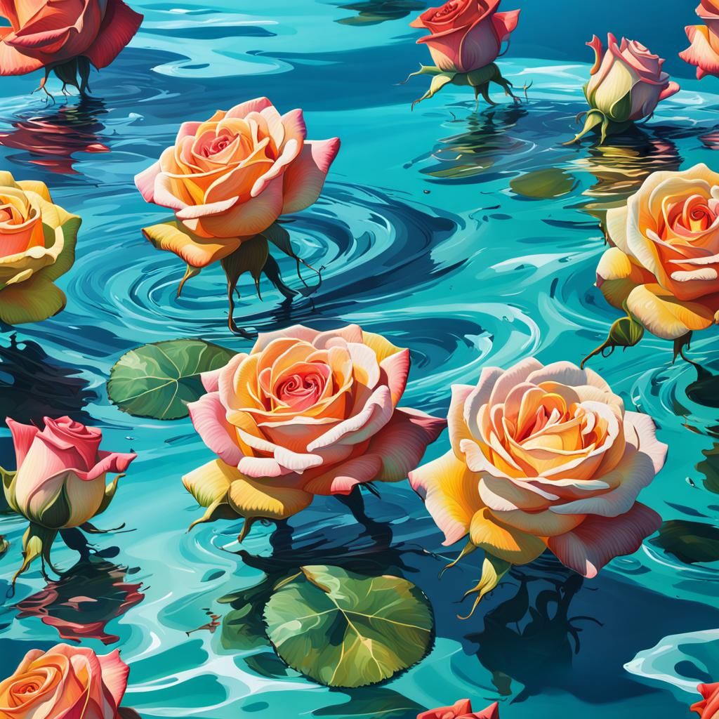 Roses on Green-Blue Seashore: Hyperrealistic Splash Art