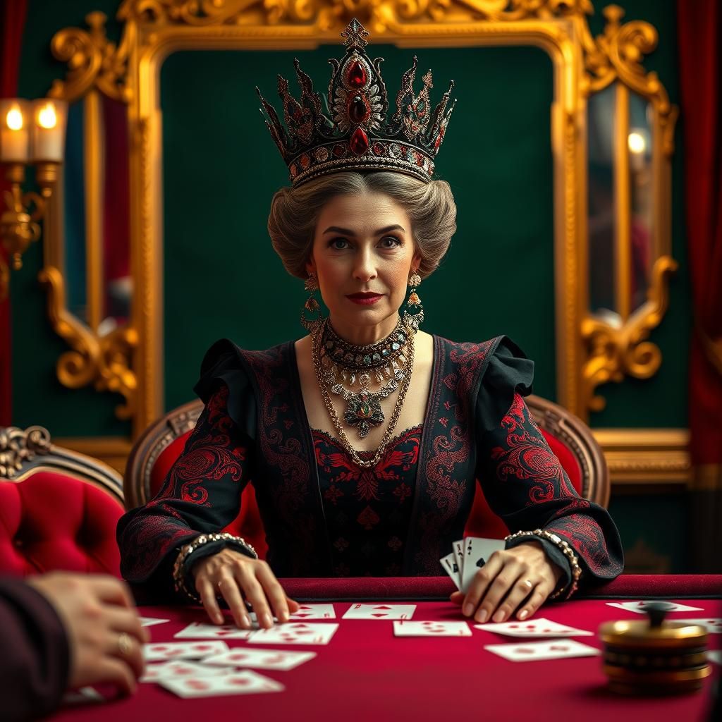 Queen of Spades in Ornate Attire, High-Fashion Photography