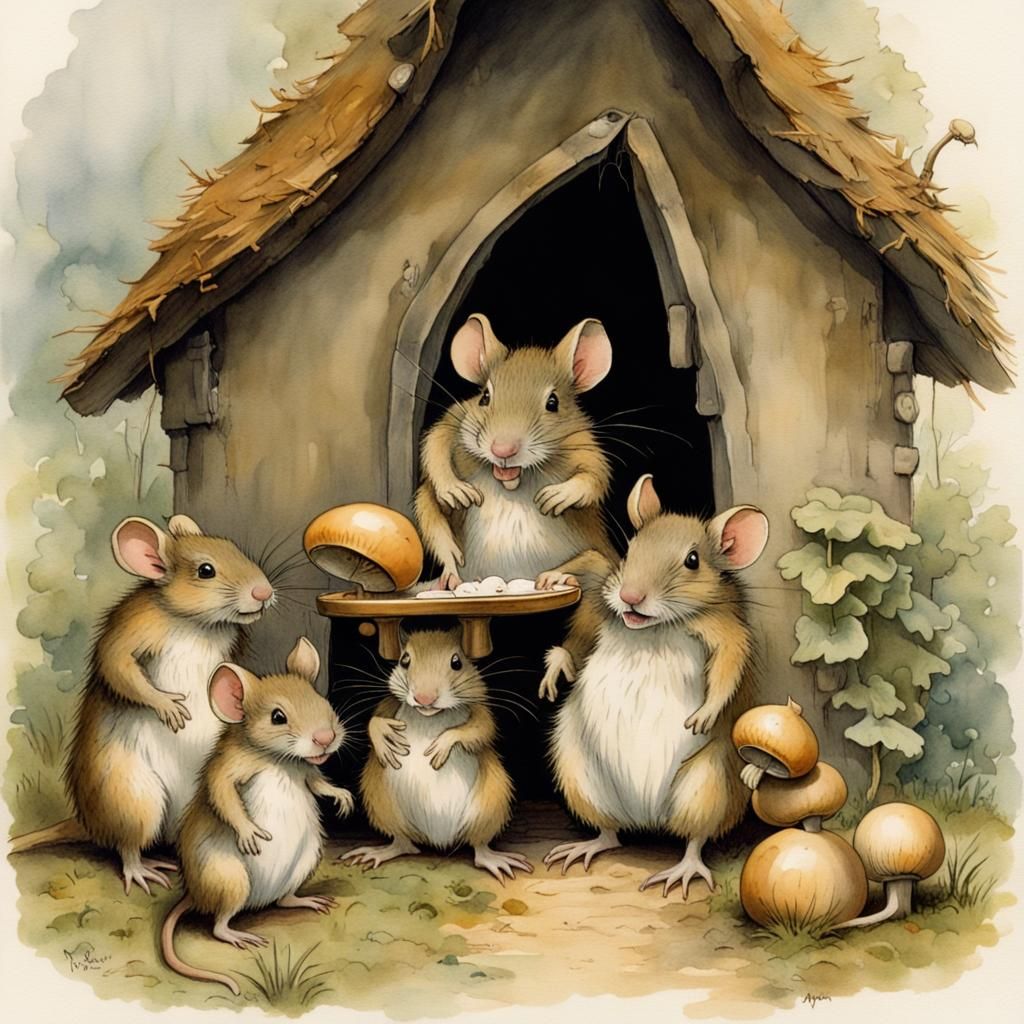 Mouse Family in Mushroom Home: Watercolor Masterpiece
