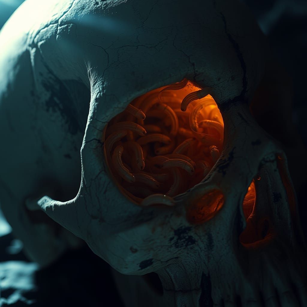 Hyperrealistic Skull with Maggots, Biomechanical Surrealism