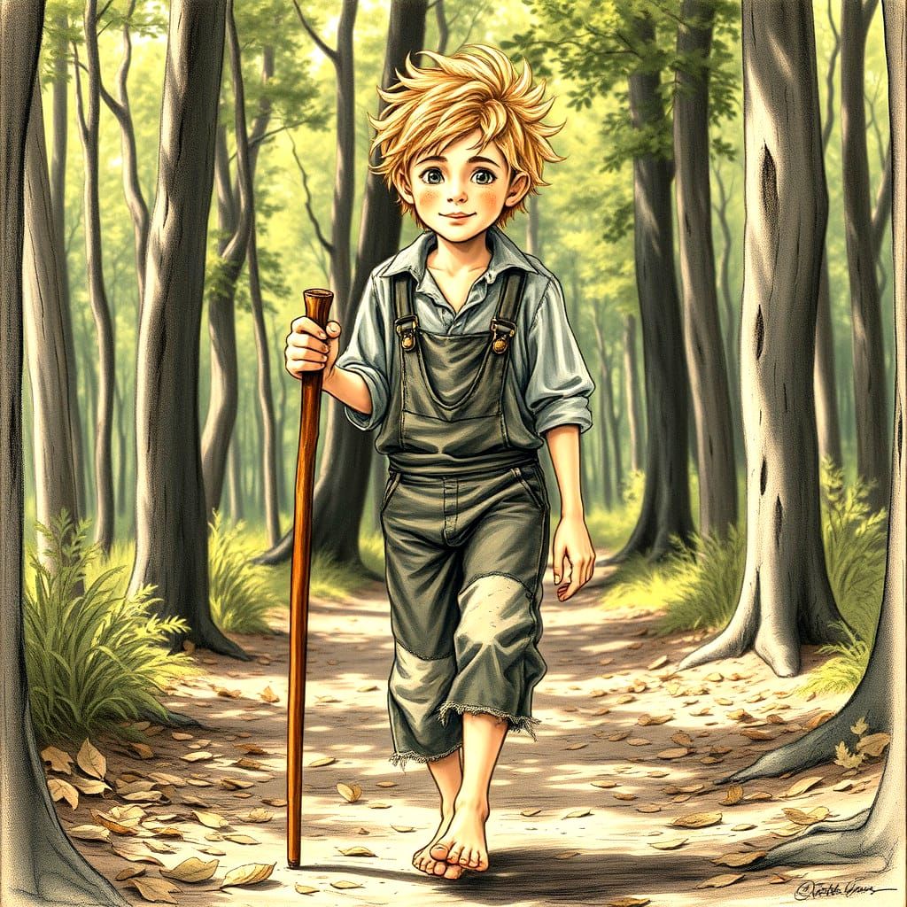 Tom Sawyer Walking in a Forest, Charcoal Drawing