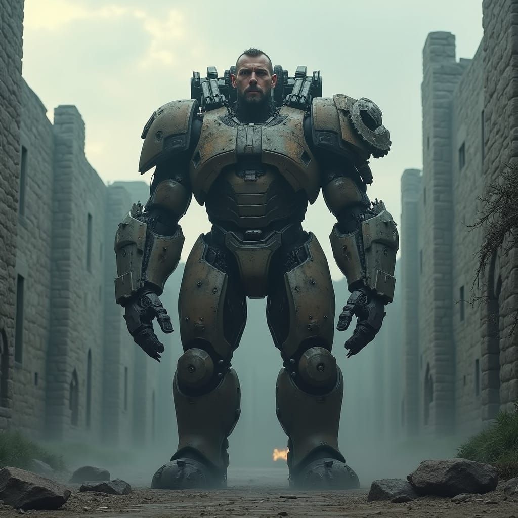 Gritty Industrial Cyborg Stands Proud in Fortress Courtyard