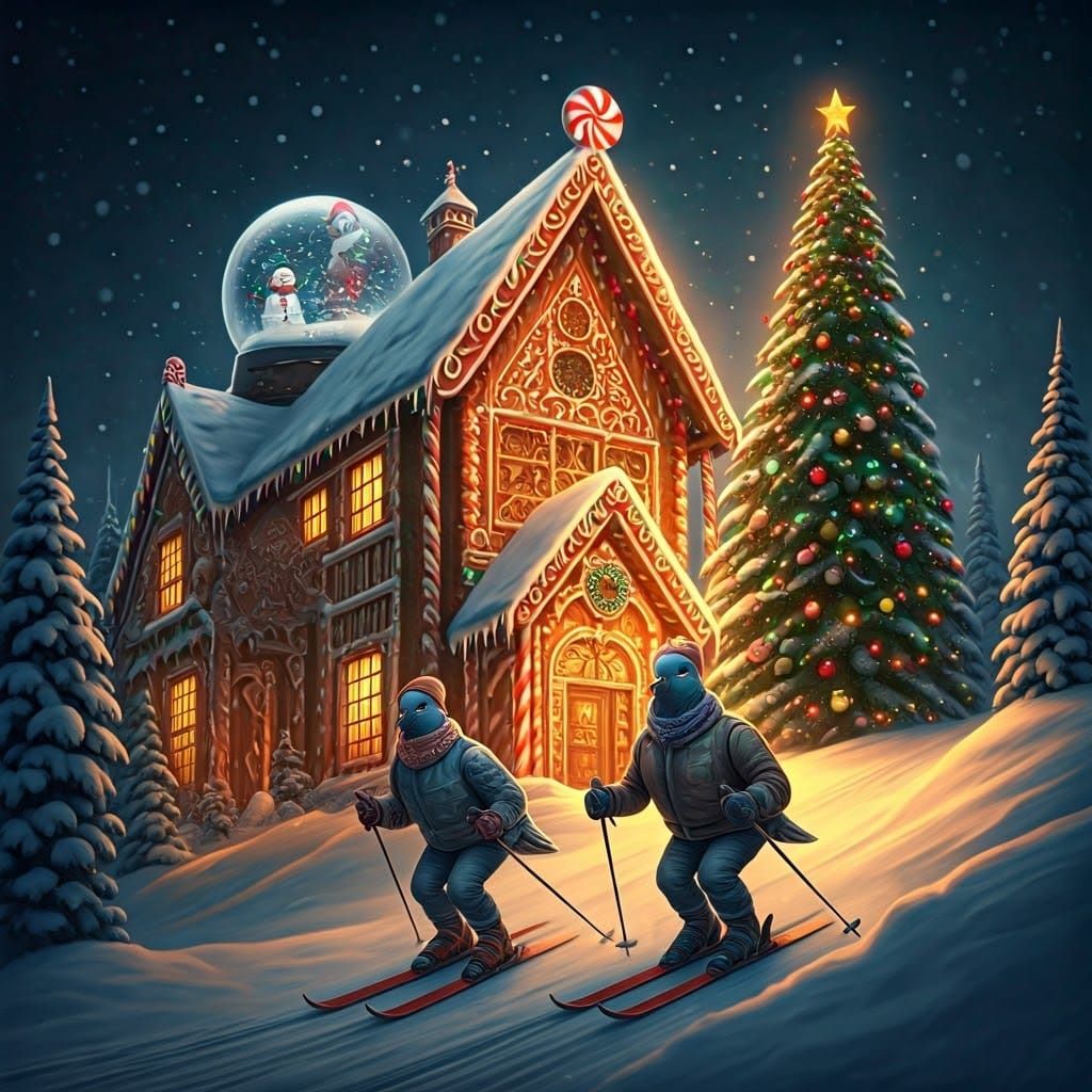 Whimsical Turtle Dove Skiers at Gingerbread Ski Lodge