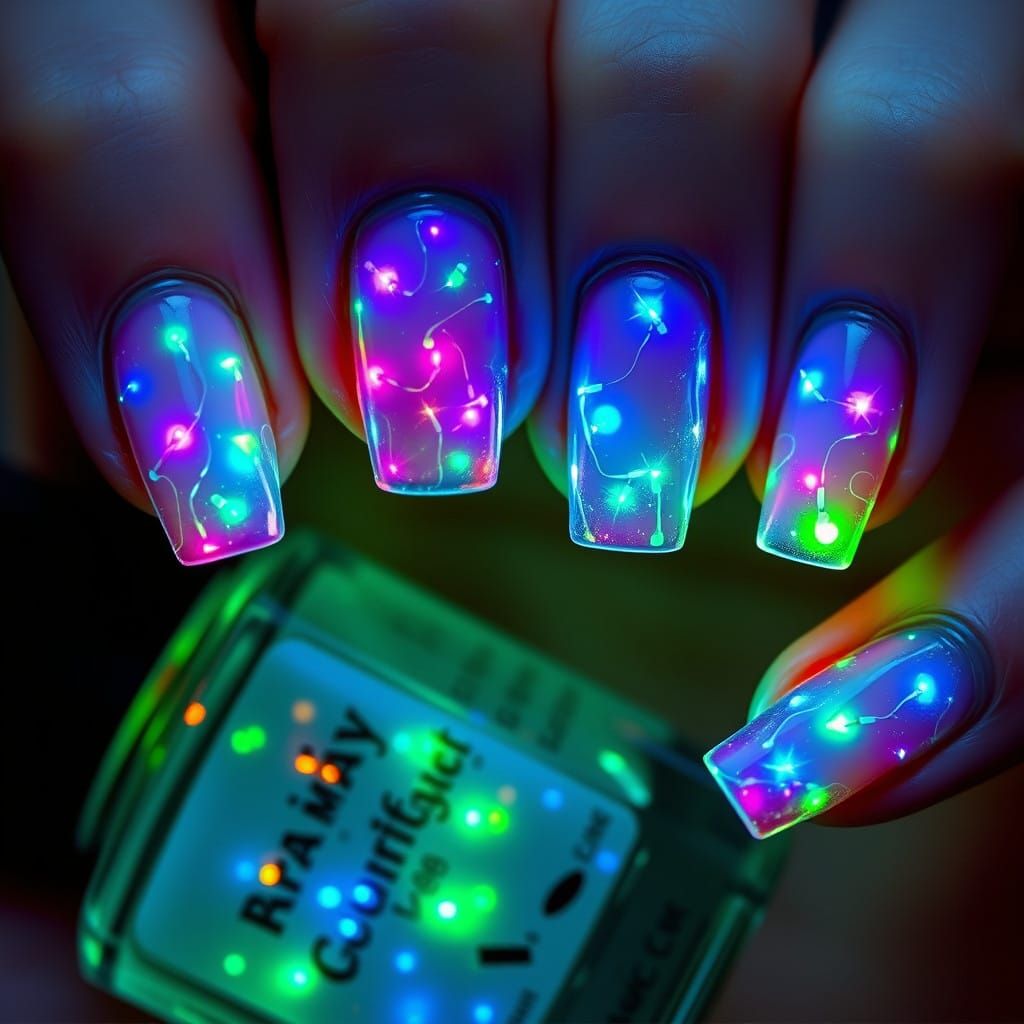 Illuminated Christmas Nail Art in a Futuristic Style