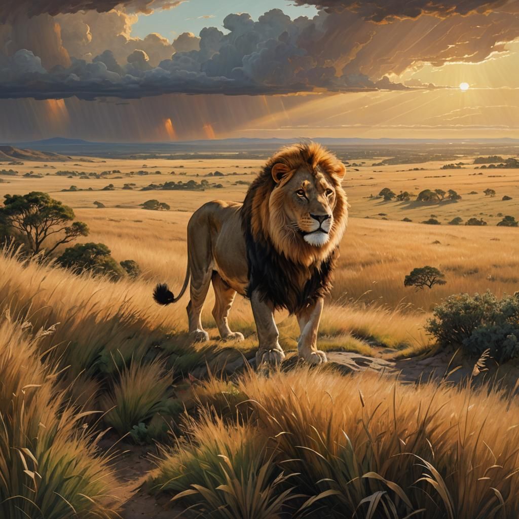 Majestic Lion Overlooks Savannah in Golden Light