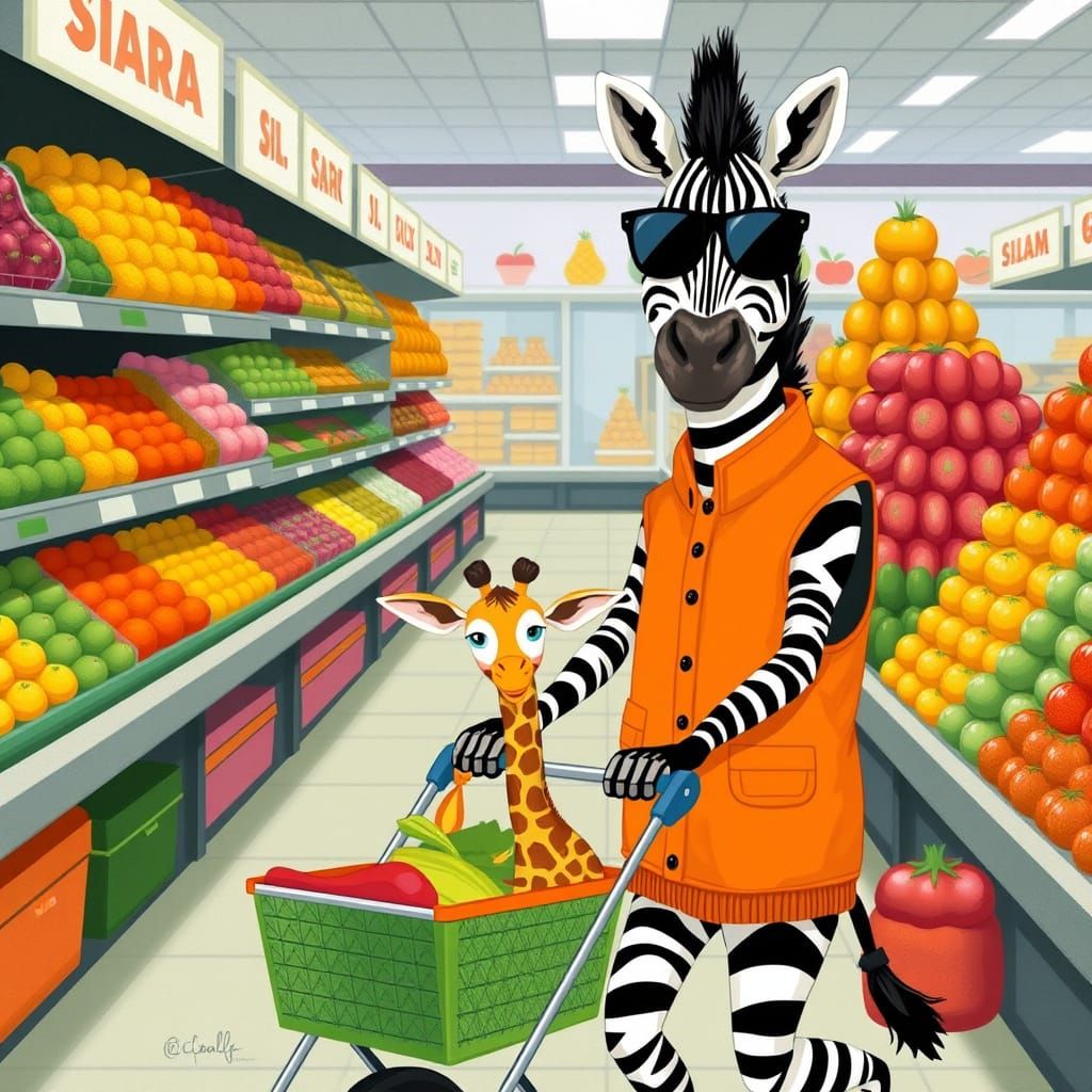 Zebra Pushing Giraffe in Stroller, Supermarket Scene