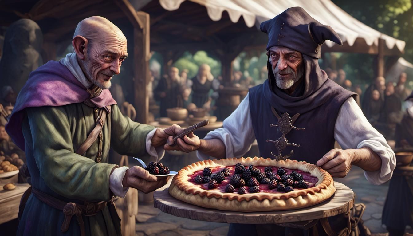 Goblin Baker Serves Pie at Market, Hyperrealistic Art