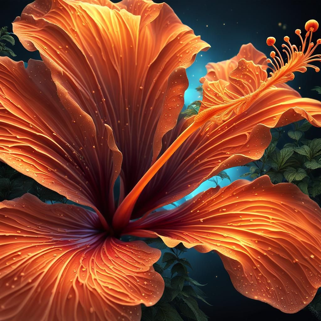 Sunset Orange Hibiscus Flower in Fantasy Illustration