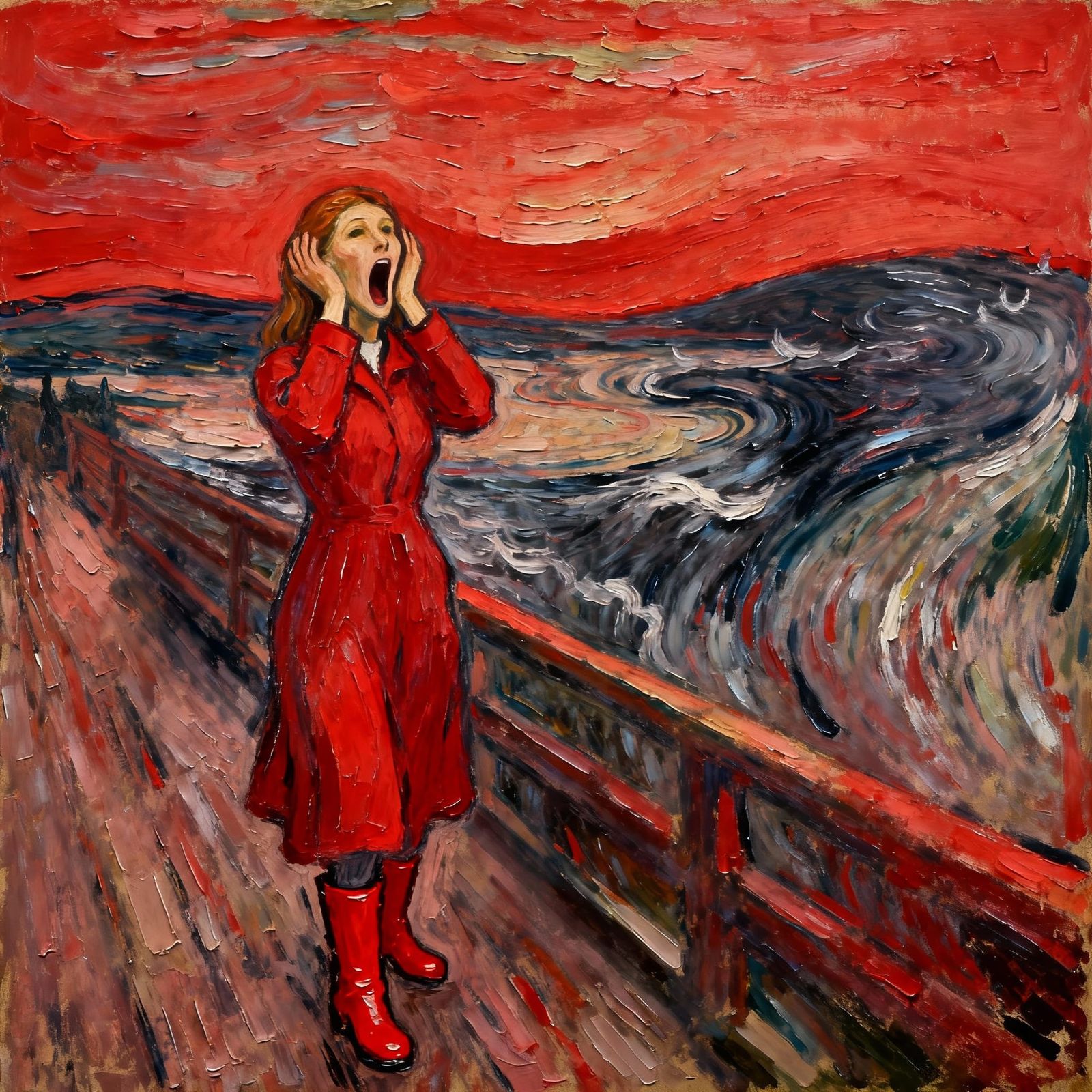 Woman Screaming in Storm, Expressionist Style
