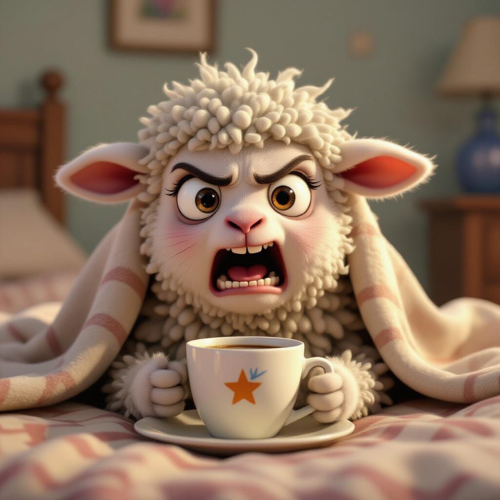 Nervous Lamb with Coffee: Pixar-Style Image