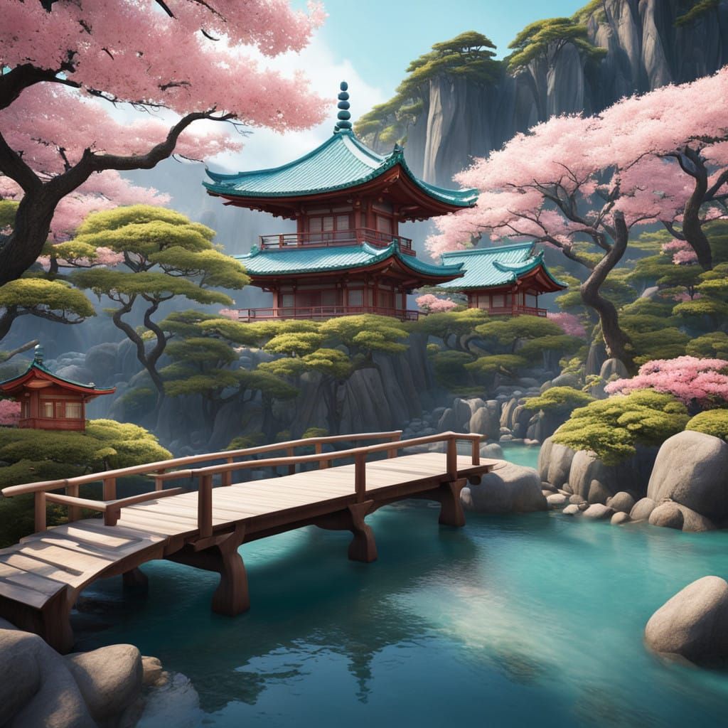 Ancient Japanese Oasis Reimagined in 8K Anime Art