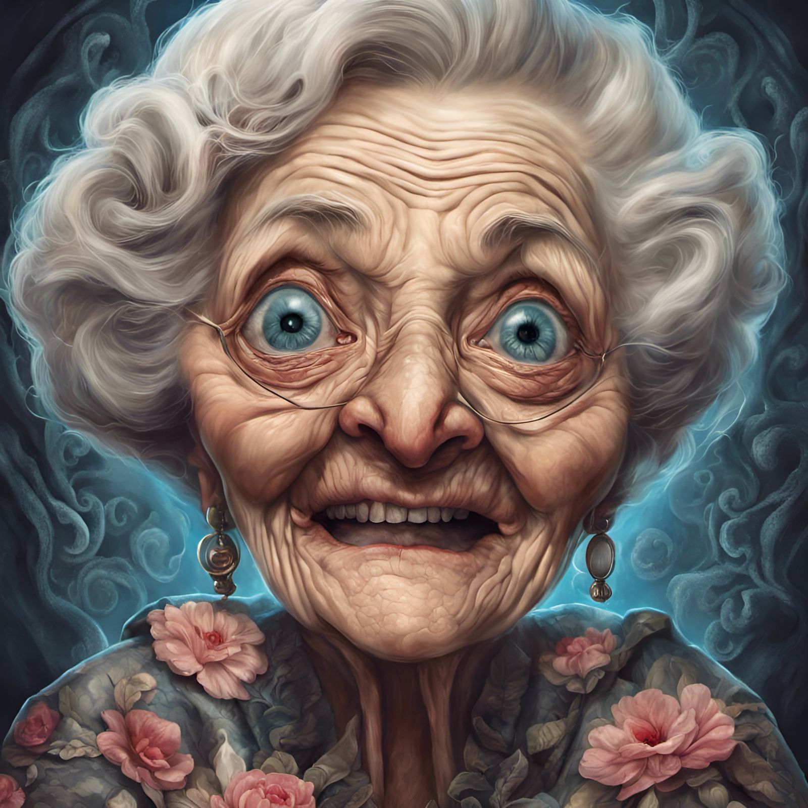 Joyful Grandma Portrait in Baroque Maximalist Style