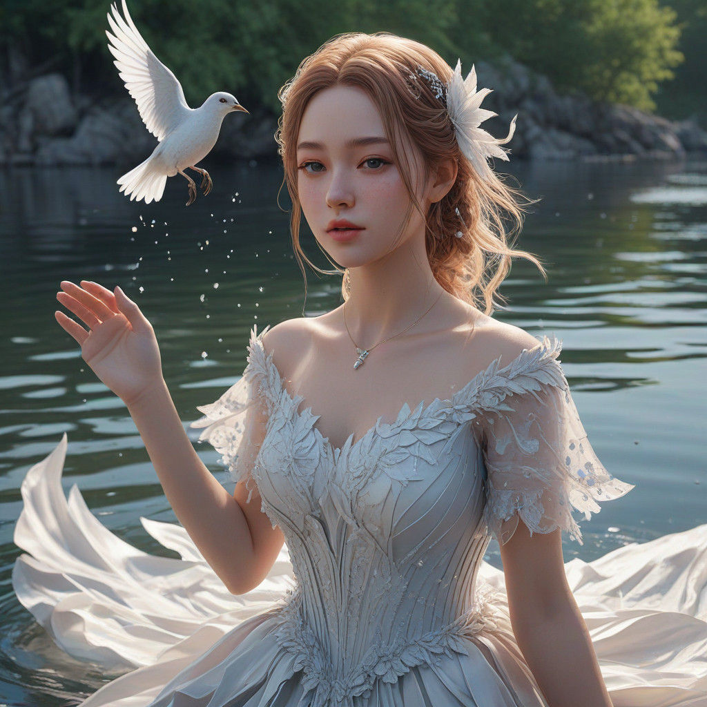 Serene Portrait of a Woman in a Lake, Anime Style