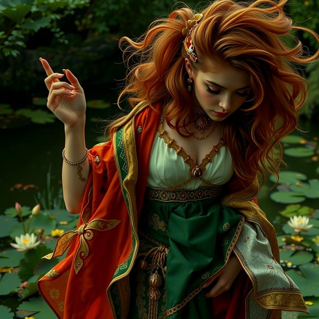 Elegant Woman with Floral Motifs and Flowing Hair