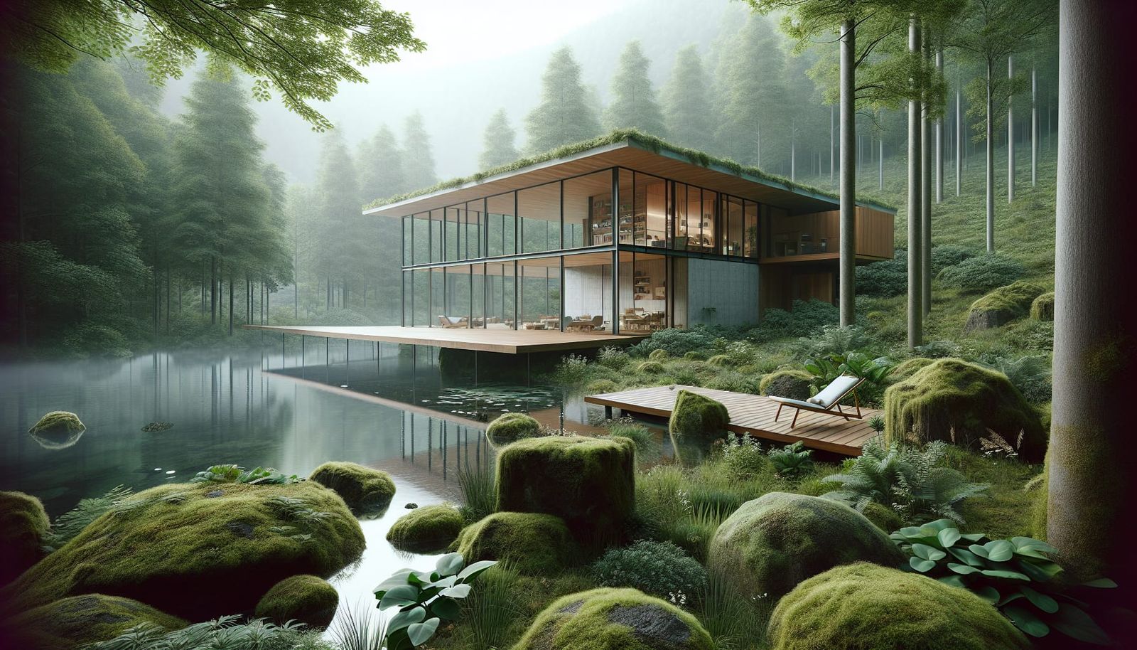Modernist House in Verdant, Foggy Forest