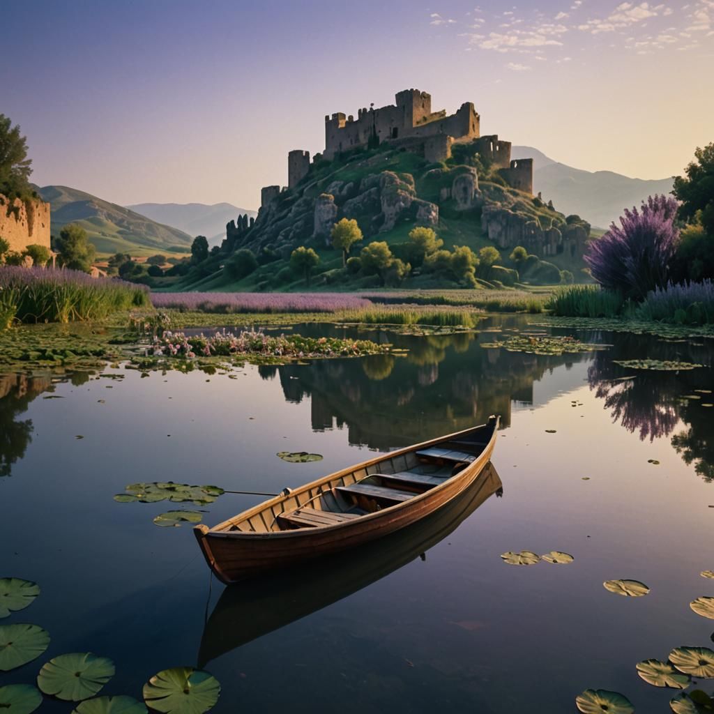 Serenity at Kargoth El: Rowing Among Water Lilies and Lavender with a Glimpse of Ancient Ruins