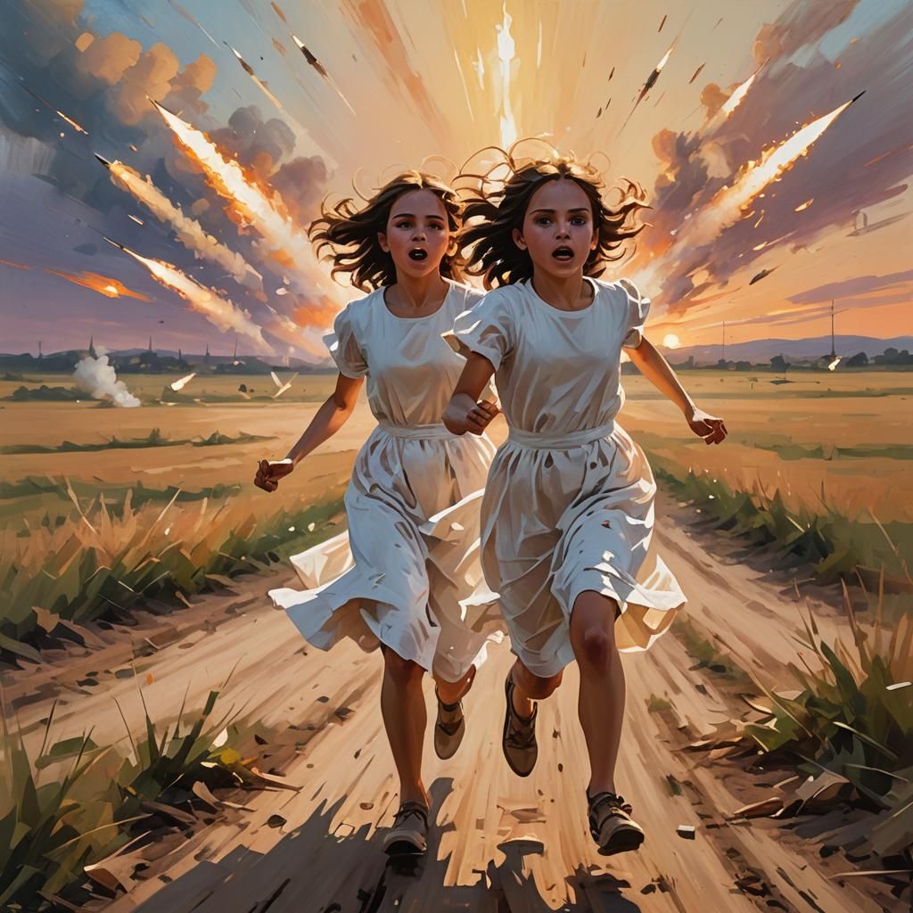 Girl Runs From Rockets, Oil Painting