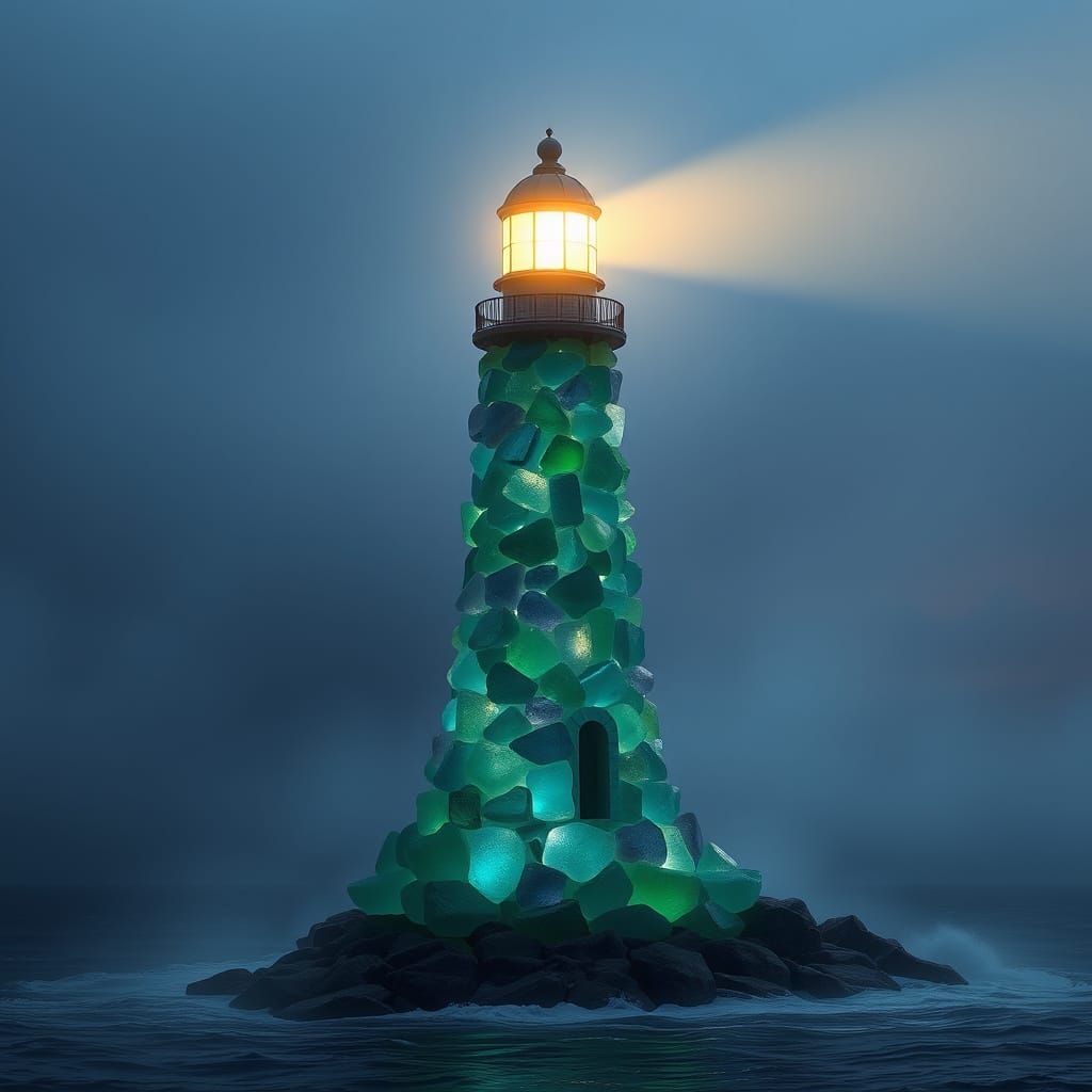 Sea Glass Lighthouse with Warm Glow on Misty Ocean