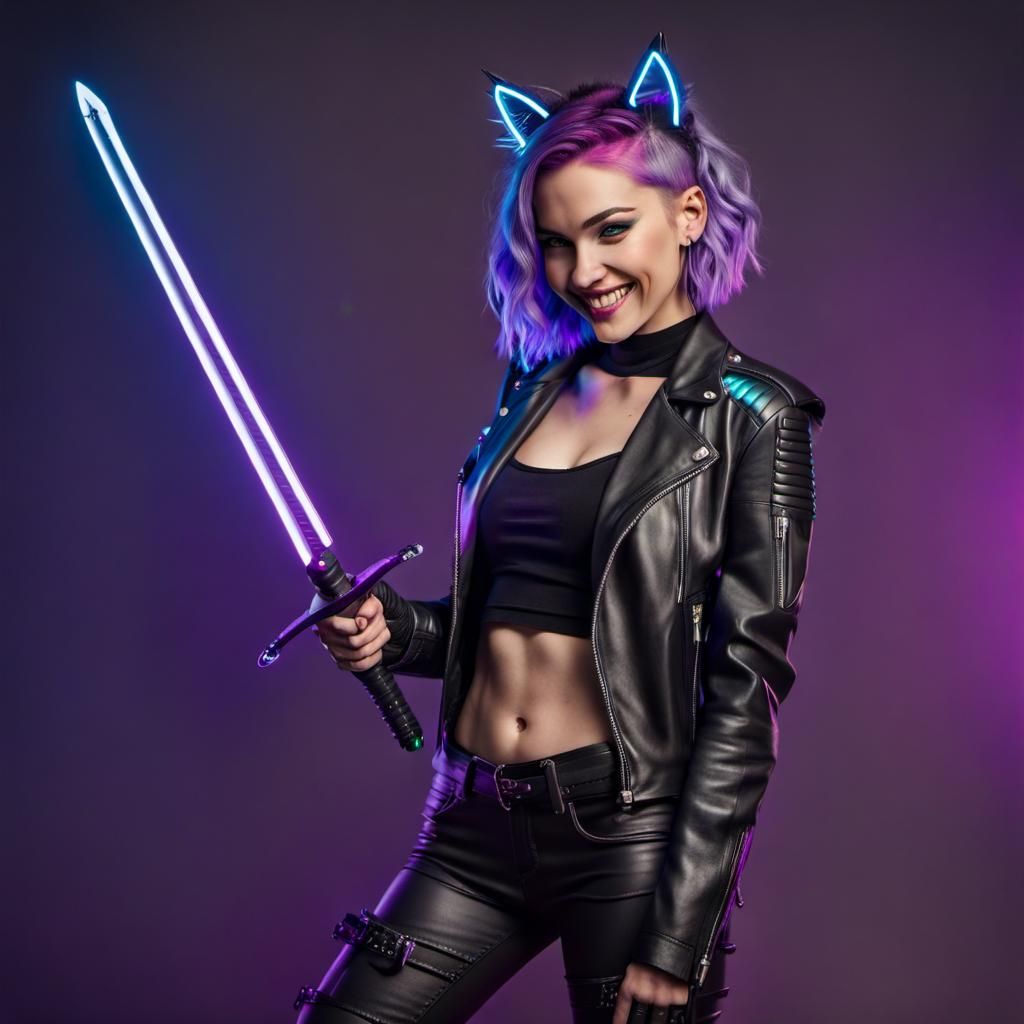 Cyberpunk Woman with Cat Ears and Purple Sword